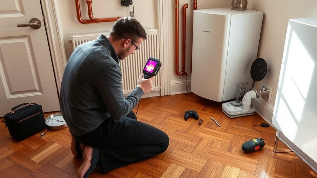 Engineer locating central heating leak using thermal imaging in South Tottenham